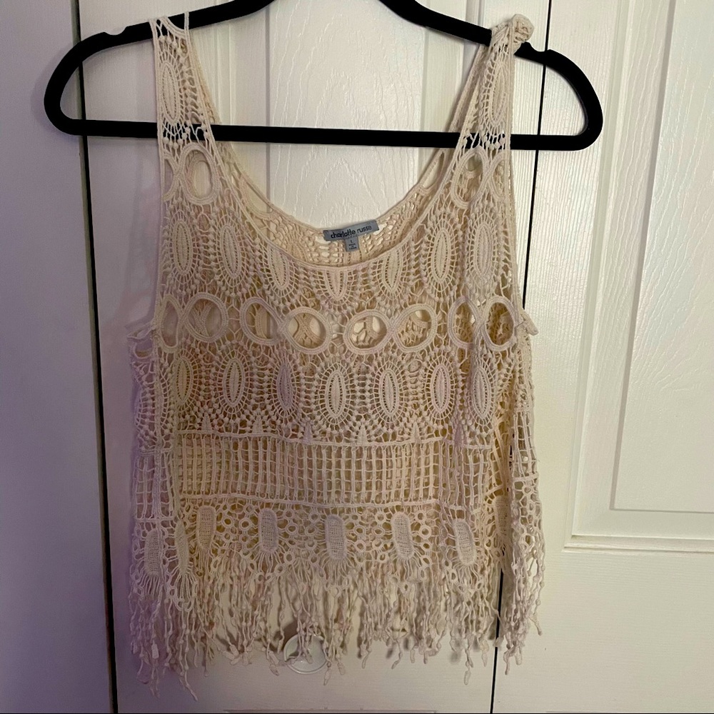 Cream/tan beach swimsuit Macrame cover-up